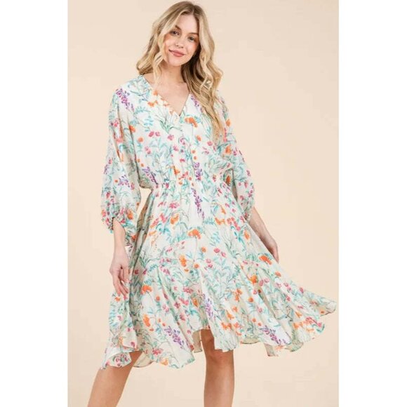 Lime 'N' Chili Floral Cinched Waist Balloon Sleeve V-Neck Dress - Picture 2 of 10